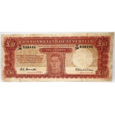 AUSTRALIA 1952 . TEN 10 POUNDS BANKNOTE . COOMBS/WILSON . LAST PREFIX V24